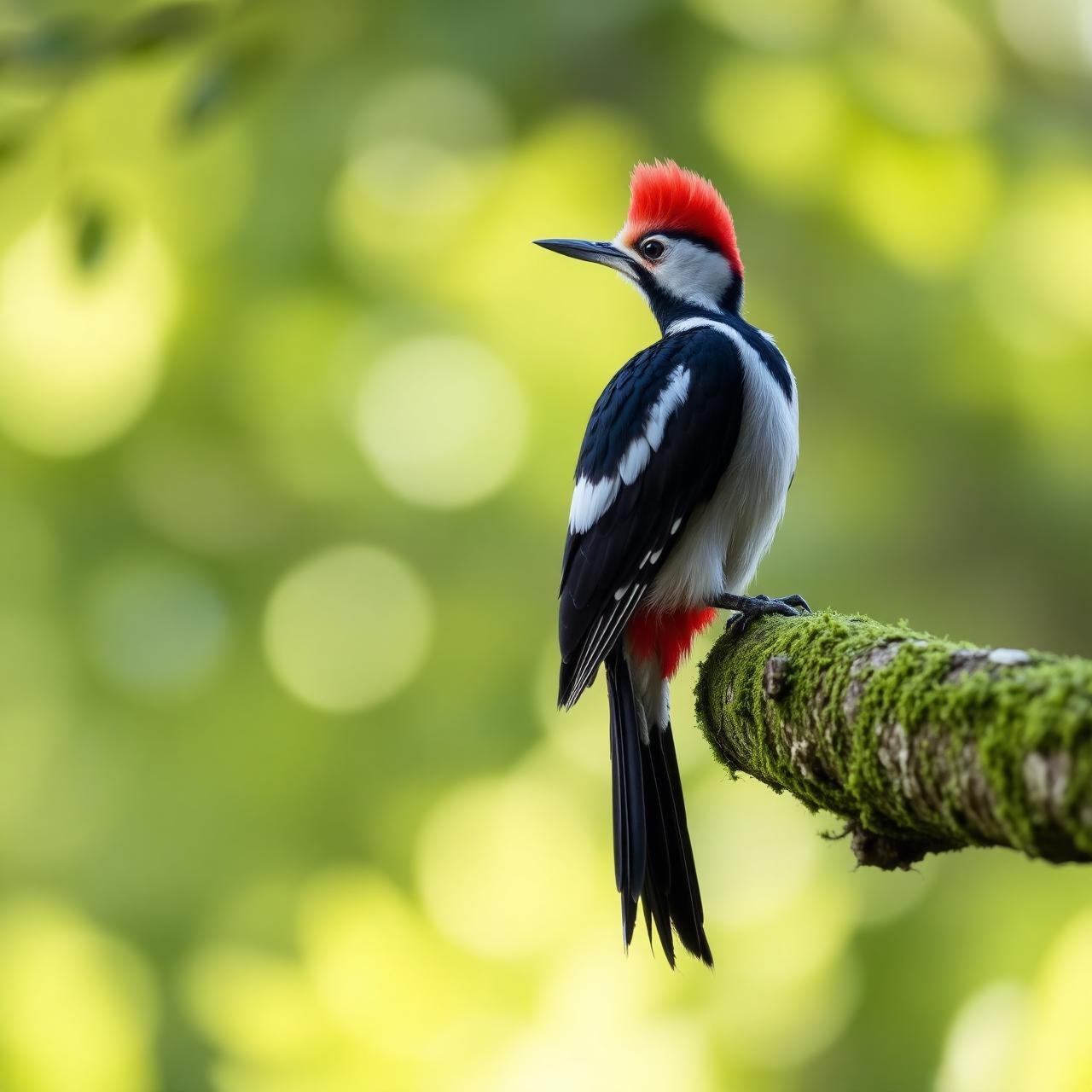 A pileated woodpecker on a moss-covered branch